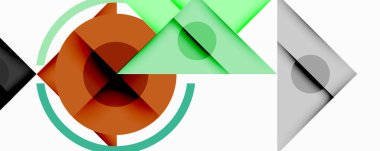 Kesişen üçgenler, daireler ve gradyanlarla soyut geometrik bileşim, derinlik ve kontrastla dinamik bir katman oluşturur.