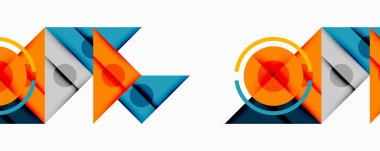 Üst üste binen üçgenler, daireler ve gradyanlarla soyut geometrik bileşim, merkezi dairesel dizayn ve metin