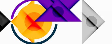 Katmanlı üçgenler, daireler ve gradyanlarla birlikte geometrik soyut tasarım, keskin zıtlıklar ve derinlikle yapılandırılmış bir model oluşturur.