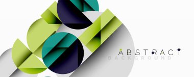 Üst üste binen daireler ve gradyanlarla soyut geometrik çizimler, daire kare üçgen şekilleri arka plan şekilleri keskin açısal kesikler, pürüzsüz gölgeleme ve yapılandırılmış katman bileşimi