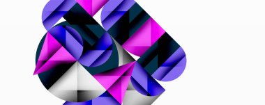 Kesişen daireler, üçgenler, kareler ve keskin açılarla soyut geometrik tasarım gradyan, derinlik ve kontrast içeren katmanlı bir bileşim yaratır.