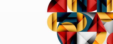 Üst üste binen daireler ve gradyanlarla soyut geometrik çizimler, daire kare üçgen şekilleri arka plan şekilleri keskin açısal kesikler, pürüzsüz gölgeleme ve yapılandırılmış katman bileşimi