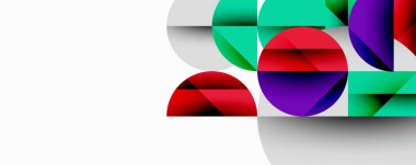 Kesişen daireler, üçgenler, kareler ve keskin açılarla soyut geometrik tasarım gradyan, derinlik ve kontrast içeren katmanlı bir bileşim yaratır.