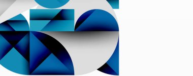 Kesişen daireler, üçgenler, kareler ve keskin açılarla soyut geometrik tasarım gradyan, derinlik ve kontrast içeren katmanlı bir bileşim yaratır.