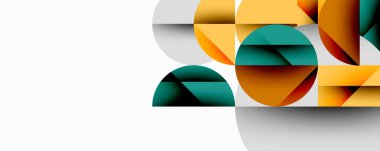 Katmanlı daireler ve açısal segmentlerle modern soyut kompozisyon gradyan, şeffaflık efektleri ve yapılandırılmış geometrik düzen içerir.