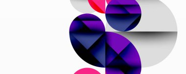 Üst üste binen daireler ve gradyanlarla soyut geometrik çizimler, daire kare üçgen şekilleri arka plan şekilleri keskin açısal kesikler, pürüzsüz gölgeleme ve yapılandırılmış katman bileşimi