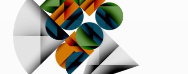 Kesişen daireler, üçgenler, kareler ve keskin açılarla soyut geometrik tasarım gradyan, derinlik ve kontrast içeren katmanlı bir bileşim yaratır.