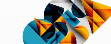 Üst üste binen daireler ve gradyanlarla soyut geometrik çizimler, daire kare üçgen şekilleri arka plan şekilleri keskin açısal kesikler, pürüzsüz gölgeleme ve yapılandırılmış katman bileşimi