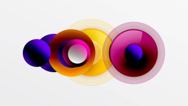 Üst üste binen daireler, parlak renkler ve pürüzsüz gradyanlarla gösterişli vektör tasarımı. Derinliği, simetrisi ve hafif arkaplanda minimalist zarafeti olan dinamik kompozisyon