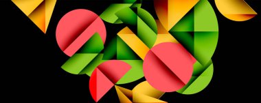 Katmanlı gradyan şekilli soyut geometrik arkaplan dinamik desenler oluşturuyor. Üst üste binen yarı daireler ve üçgenler derinlik ve karşıtlık yaratır