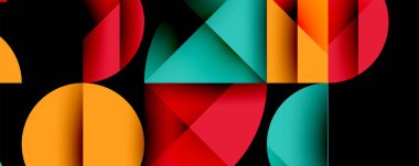 Katmanlı gradyan şekilli soyut geometrik arkaplan dinamik desenler oluşturuyor. Üst üste binen yarı daireler ve üçgenler derinlik ve karşıtlık yaratır