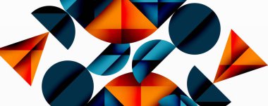 Katmanlı gradyan şekilli soyut geometrik arkaplan dinamik desenler oluşturuyor. Üst üste binen yarı daireler ve üçgenler derinlik ve karşıtlık yaratır