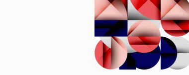 Kesişen daireler, üçgenler, kareler ve keskin açılarla soyut geometrik tasarım gradyan, derinlik ve kontrast içeren katmanlı bir bileşim yaratır.