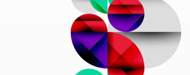 Kesişen daireler, üçgenler, kareler ve keskin açılarla soyut geometrik tasarım gradyan, derinlik ve kontrast içeren katmanlı bir bileşim yaratır.