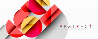 Kesişen daireler, üçgenler, kareler ve keskin açılarla soyut geometrik tasarım gradyan, derinlik ve kontrast içeren katmanlı bir bileşim yaratır.