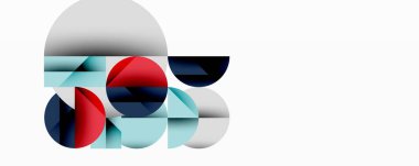 Üst üste binen daireler ve gradyanlarla soyut geometrik çizimler, daire kare üçgen şekilleri arka plan şekilleri keskin açısal kesikler, pürüzsüz gölgeleme ve yapılandırılmış katman bileşimi