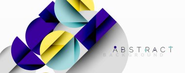 Kesişen daireler, üçgenler, kareler ve keskin açılarla soyut geometrik tasarım gradyan, derinlik ve kontrast içeren katmanlı bir bileşim yaratır.