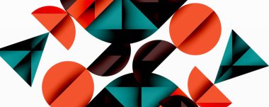 Katmanlı gradyan şekilli soyut geometrik arkaplan dinamik desenler oluşturuyor. Üst üste binen yarı daireler ve üçgenler derinlik ve karşıtlık yaratır