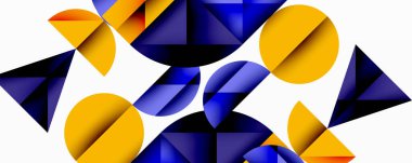 Katmanlı gradyan şekilli soyut geometrik arkaplan dinamik desenler oluşturuyor. Üst üste binen yarı daireler ve üçgenler derinlik ve karşıtlık yaratır