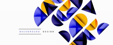 Katmanlı gradyan şekilli soyut geometrik arkaplan dinamik desenler oluşturuyor. Üst üste binen yarı daireler ve üçgenler derinlik ve karşıtlık yaratır