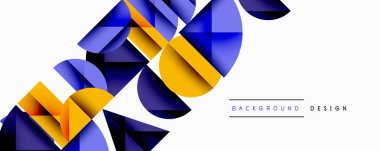 Katmanlı gradyan şekilli soyut geometrik arkaplan dinamik desenler oluşturuyor. Üst üste binen yarı daireler ve üçgenler derinlik ve karşıtlık yaratır