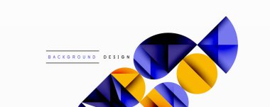 Katmanlı gradyan şekilli soyut geometrik arkaplan dinamik desenler oluşturuyor. Üst üste binen yarı daireler ve üçgenler derinlik ve karşıtlık yaratır