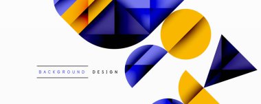 Katmanlı gradyan şekilli soyut geometrik arkaplan dinamik desenler oluşturuyor. Üst üste binen yarı daireler ve üçgenler derinlik ve karşıtlık yaratır