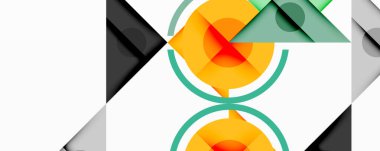 Üst üste binen üçgenler, daireler ve gradyanlarla soyut geometrik bileşim, merkezi dairesel dizayn ve metin