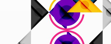 Kesişen üçgenler, daireler ve gradyanlarla soyut geometrik bileşim, derinlik ve kontrastla dinamik bir katman oluşturur.