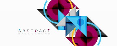 Kesişen üçgenler, daireler ve gradyanlarla soyut geometrik bileşim, derinlik ve kontrastla dinamik bir katman oluşturur.