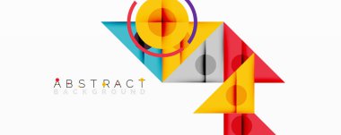 Üst üste binen üçgenler, daireler ve gradyanlarla soyut geometrik bileşim, merkezi dairesel dizayn ve metin