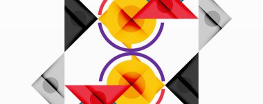 Üst üste binen üçgenler, daireler ve gradyanlarla soyut geometrik bileşim, merkezi dairesel dizayn ve metin