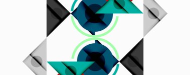 Üst üste binen üçgenler, daireler ve gradyanlarla soyut geometrik bileşim, merkezi dairesel dizayn ve metin