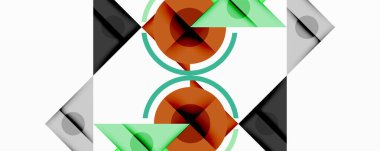 Kesişen üçgenler, daireler ve gradyanlarla soyut geometrik bileşim, derinlik ve kontrastla dinamik bir katman oluşturur.