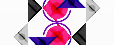 Üst üste binen üçgenler, daireler ve gradyanlarla soyut geometrik bileşim, merkezi dairesel dizayn ve metin