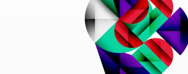 Kesişen daireler, üçgenler, kareler ve keskin açılarla soyut geometrik tasarım gradyan, derinlik ve kontrast içeren katmanlı bir bileşim yaratır.