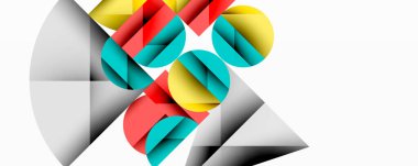 Üst üste binen daireler ve gradyanlarla soyut geometrik çizimler, daire kare üçgen şekilleri arka plan şekilleri keskin açısal kesikler, pürüzsüz gölgeleme ve yapılandırılmış katman bileşimi