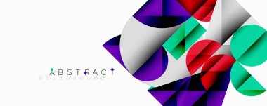 Kesişen daireler, üçgenler, kareler ve keskin açılarla soyut geometrik tasarım gradyan, derinlik ve kontrast içeren katmanlı bir bileşim yaratır.