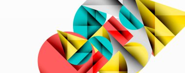 Üst üste binen daireler ve gradyanlarla soyut geometrik çizimler, daire kare üçgen şekilleri arka plan şekilleri keskin açısal kesikler, pürüzsüz gölgeleme ve yapılandırılmış katman bileşimi