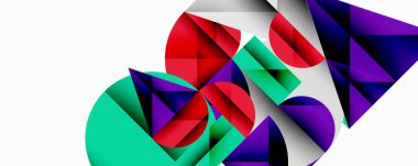 Kesişen daireler, üçgenler, kareler ve keskin açılarla soyut geometrik tasarım gradyan, derinlik ve kontrast içeren katmanlı bir bileşim yaratır.