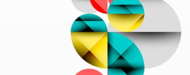 Üst üste binen daireler ve gradyanlarla soyut geometrik çizimler, daire kare üçgen şekilleri arka plan şekilleri keskin açısal kesikler, pürüzsüz gölgeleme ve yapılandırılmış katman bileşimi