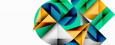 Üst üste binen daireler ve gradyanlarla soyut geometrik çizimler, daire kare üçgen şekilleri arka plan şekilleri keskin açısal kesikler, pürüzsüz gölgeleme ve yapılandırılmış katman bileşimi