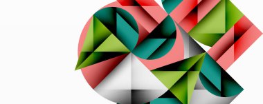 Kesişen daireler, üçgenler, kareler ve keskin açılarla soyut geometrik tasarım gradyan, derinlik ve kontrast içeren katmanlı bir bileşim yaratır.