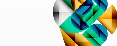 Üst üste binen daireler ve gradyanlarla soyut geometrik çizimler, daire kare üçgen şekilleri arka plan şekilleri keskin açısal kesikler, pürüzsüz gölgeleme ve yapılandırılmış katman bileşimi