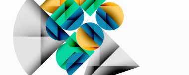 Üst üste binen daireler ve gradyanlarla soyut geometrik çizimler, daire kare üçgen şekilleri arka plan şekilleri keskin açısal kesikler, pürüzsüz gölgeleme ve yapılandırılmış katman bileşimi