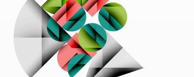 Kesişen daireler, üçgenler, kareler ve keskin açılarla soyut geometrik tasarım gradyan, derinlik ve kontrast içeren katmanlı bir bileşim yaratır.