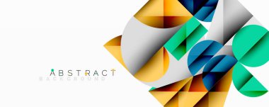 Üst üste binen daireler ve gradyanlarla soyut geometrik çizimler, daire kare üçgen şekilleri arka plan şekilleri keskin açısal kesikler, pürüzsüz gölgeleme ve yapılandırılmış katman bileşimi