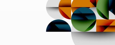 Kesişen daireler, üçgenler, kareler ve keskin açılarla soyut geometrik tasarım gradyan, derinlik ve kontrast içeren katmanlı bir bileşim yaratır.