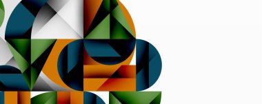 Kesişen daireler, üçgenler, kareler ve keskin açılarla soyut geometrik tasarım gradyan, derinlik ve kontrast içeren katmanlı bir bileşim yaratır.