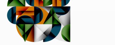 Kesişen daireler, üçgenler, kareler ve keskin açılarla soyut geometrik tasarım gradyan, derinlik ve kontrast içeren katmanlı bir bileşim yaratır.